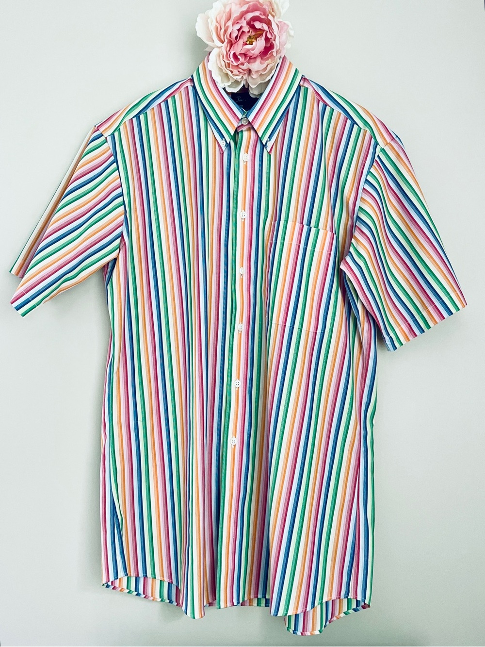 Paul Fredrick Multicolor Rainbow Stripe Short Sleeve Button-Up Shirt Large